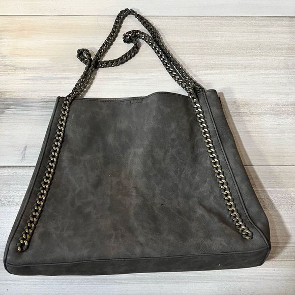 Shoulder Bag  Faux Suede Charcoal Gray with Chain Braided Straps and Details - Picture 3 of 7